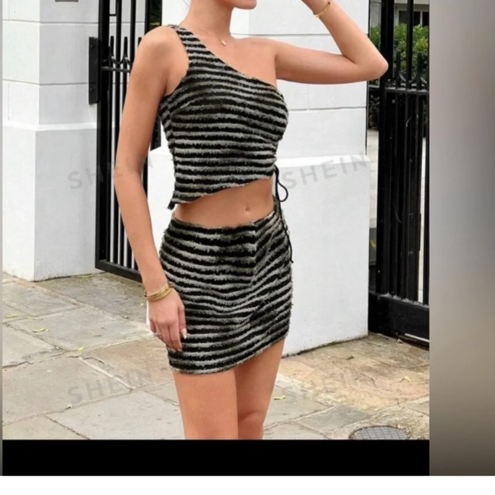 SHEIN ICON Striped One Shoulder Drawstring Side Crop Top & Skirt size M NWT - Picture 9 of 15